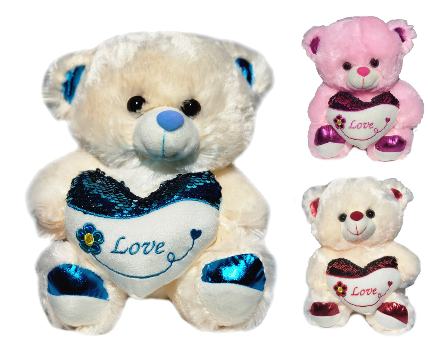 Bear Holding Love Sequin Heart and Flower Embroidery 11 Inches Valentine's Day Gift & Home Decor