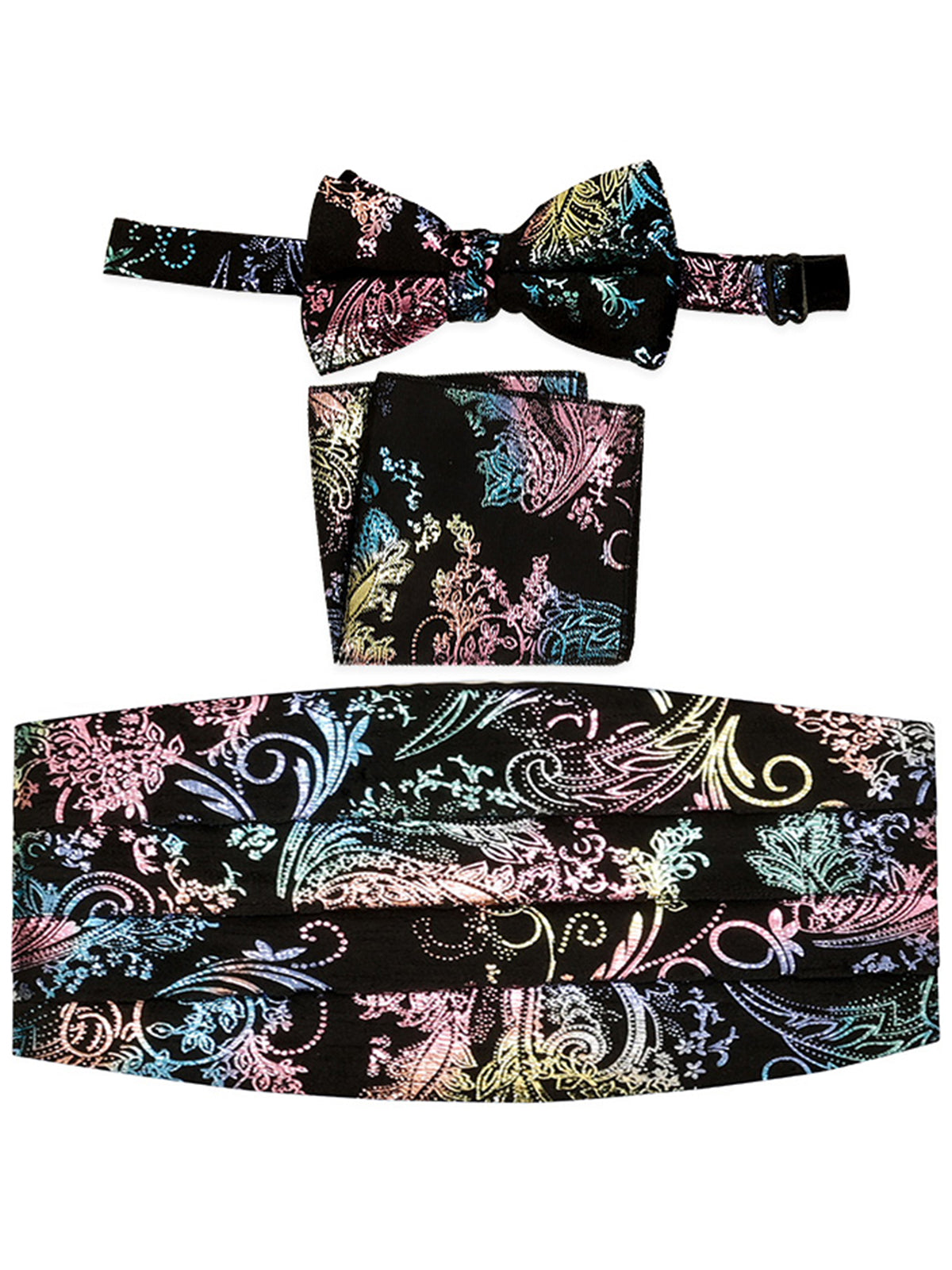 men's bow tie, pocket square, and cummerbund set
