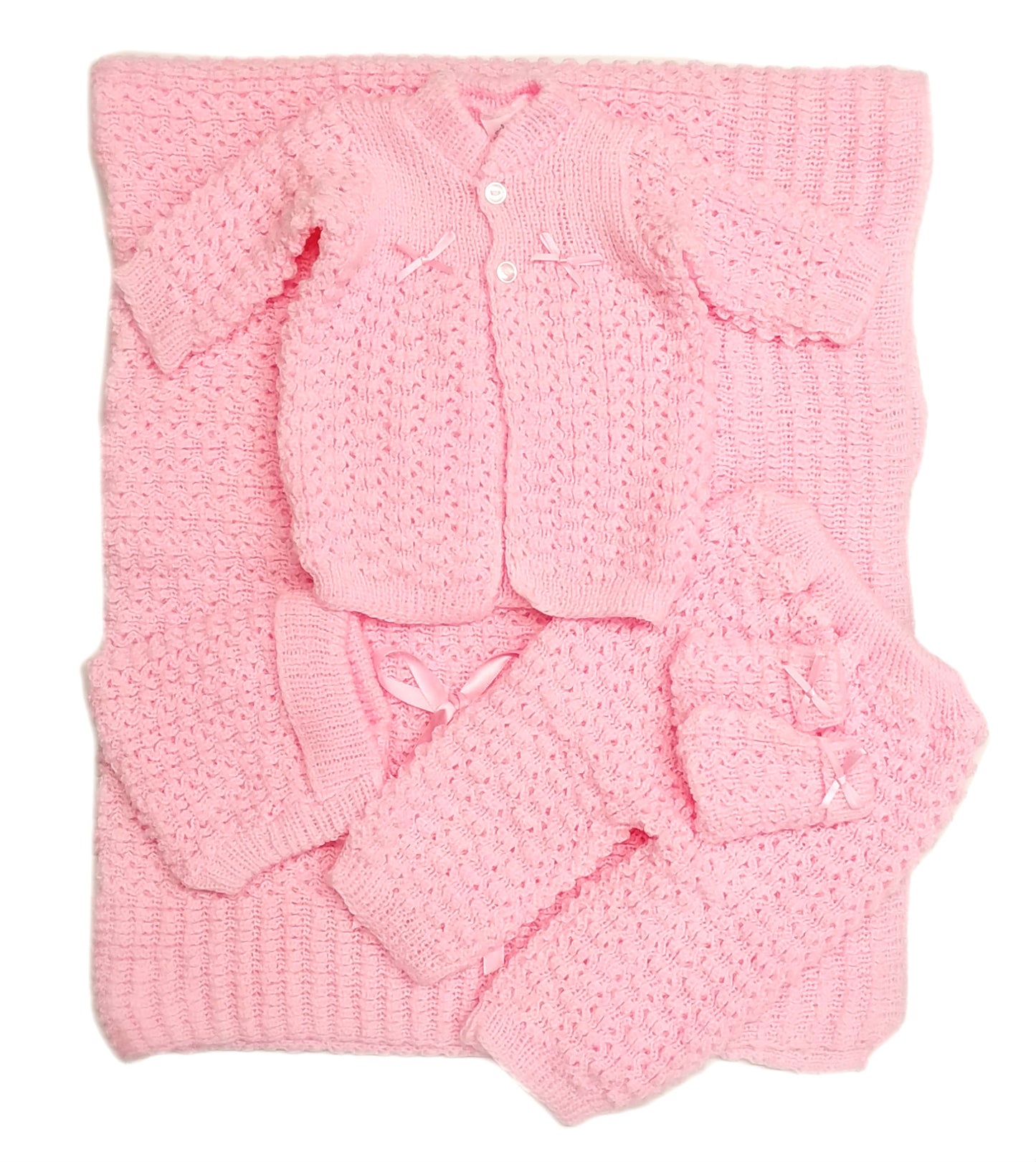 Wholesale Crochet Baby Blanket and Hat Newborn Outfit Set Mittens Pants Sweater 5 Pcs Set