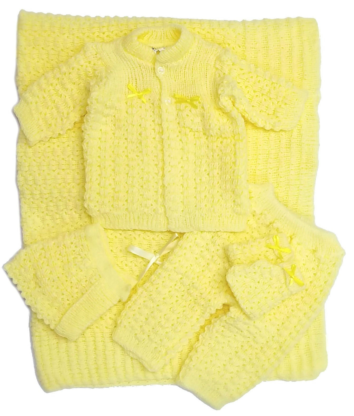 Wholesale Crochet Baby Blanket and Hat Newborn Outfit Set Mittens Pants Sweater 5 Pcs Set