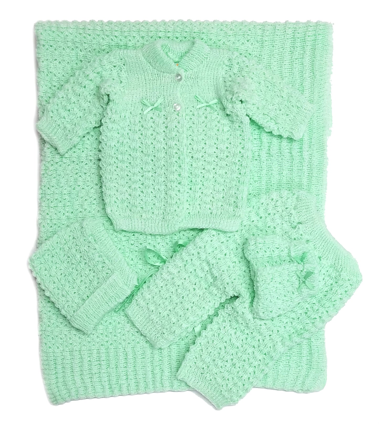 Wholesale Crochet Baby Blanket and Hat Newborn Outfit Set Mittens Pants Sweater 5 Pcs Set