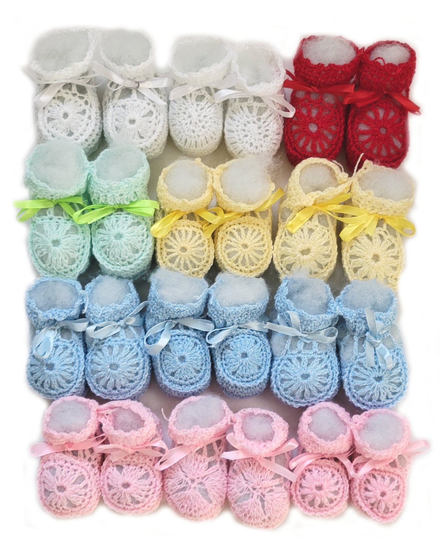 Wholesale Crochet Booties Ribbon White, Pink. Yellow, Red And Mixed Pack Of 12