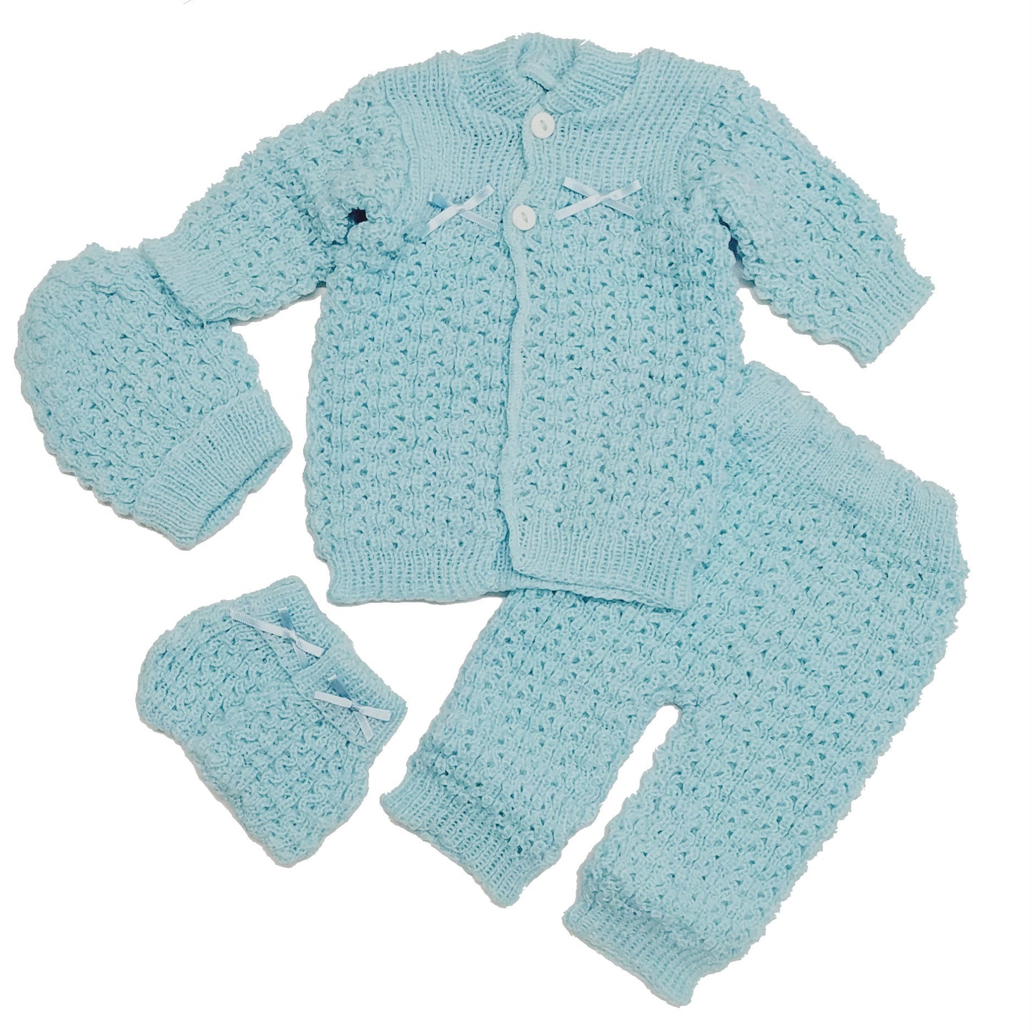 Wholesale Newborn 4 Piece Crochet Outfit Set Hat Cardigan Sweater Pants Booties