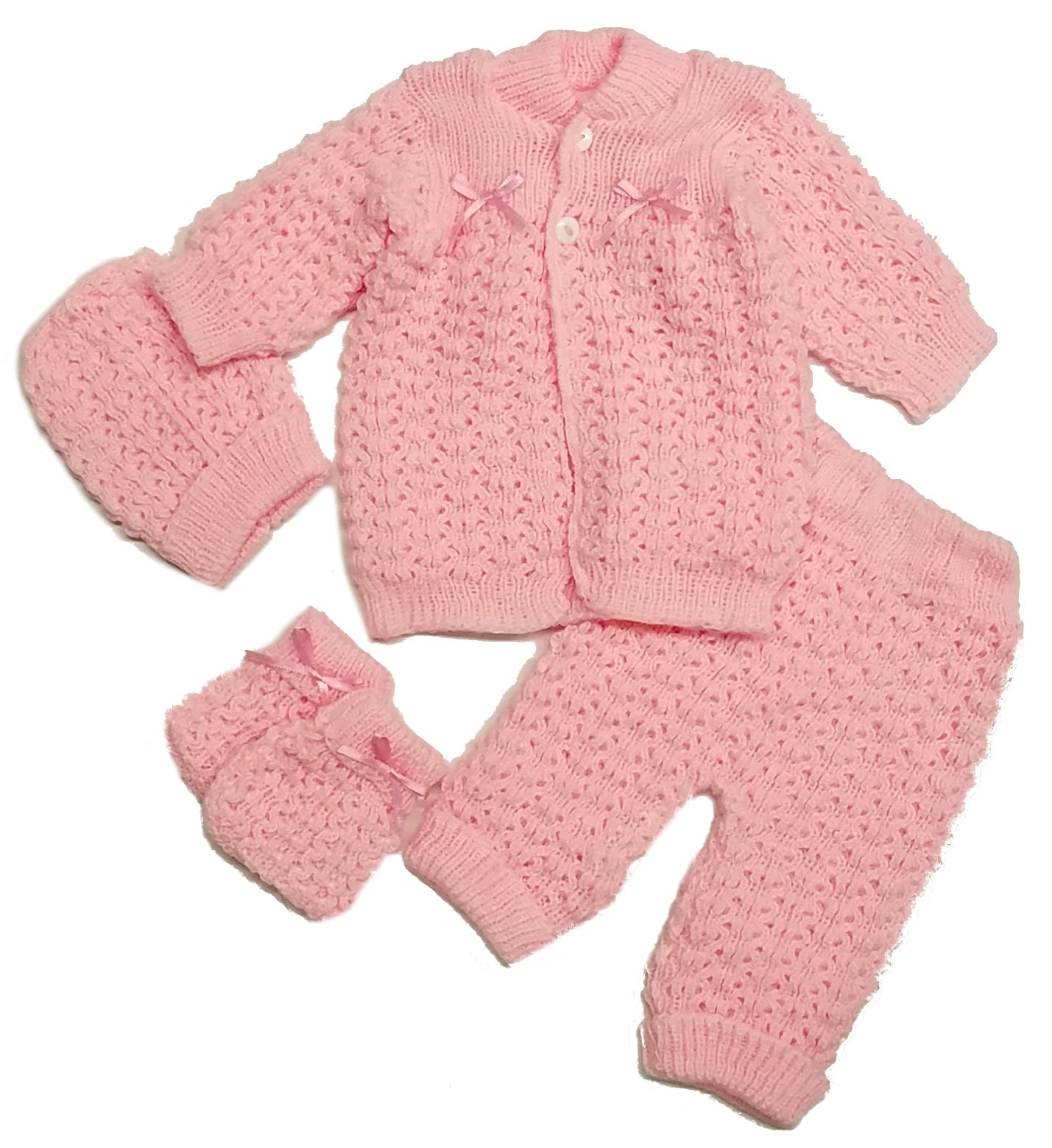 Wholesale Newborn Crochet Girl Pink Hat Cardigan Sweater Pants Booties 4 Piece Outfit Set