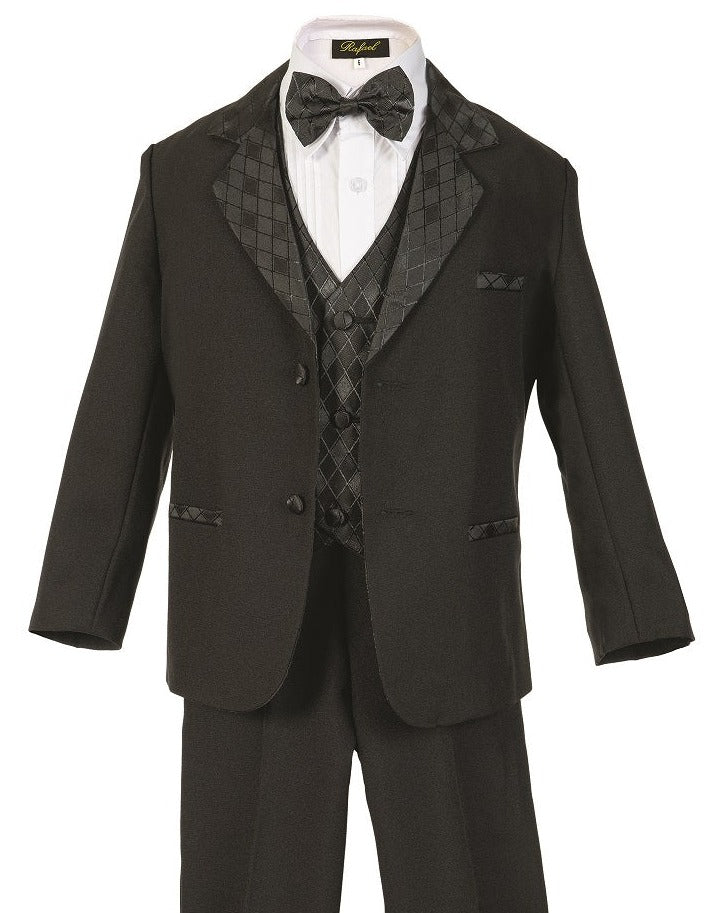 Boys Tuxedo With Design Lapel 5- Piece Set With Shirt And Bow Tie RFL-010D