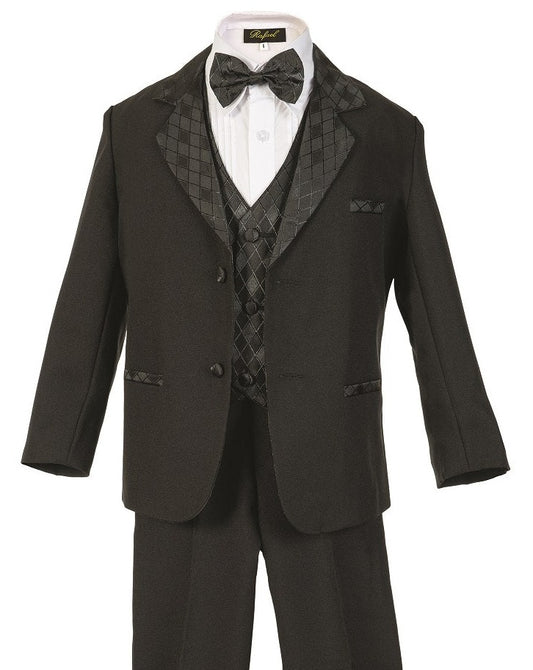 Boys Tuxedo With Design Lapel 5- Piece Set With Shirt And Bow Tie  RFL-010D