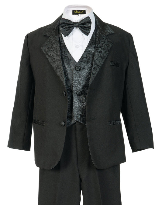 Boys Tuxedo Jacquard Shawl Lapel 5- Piece Set With Shirt And Bow Tie  RFL-021