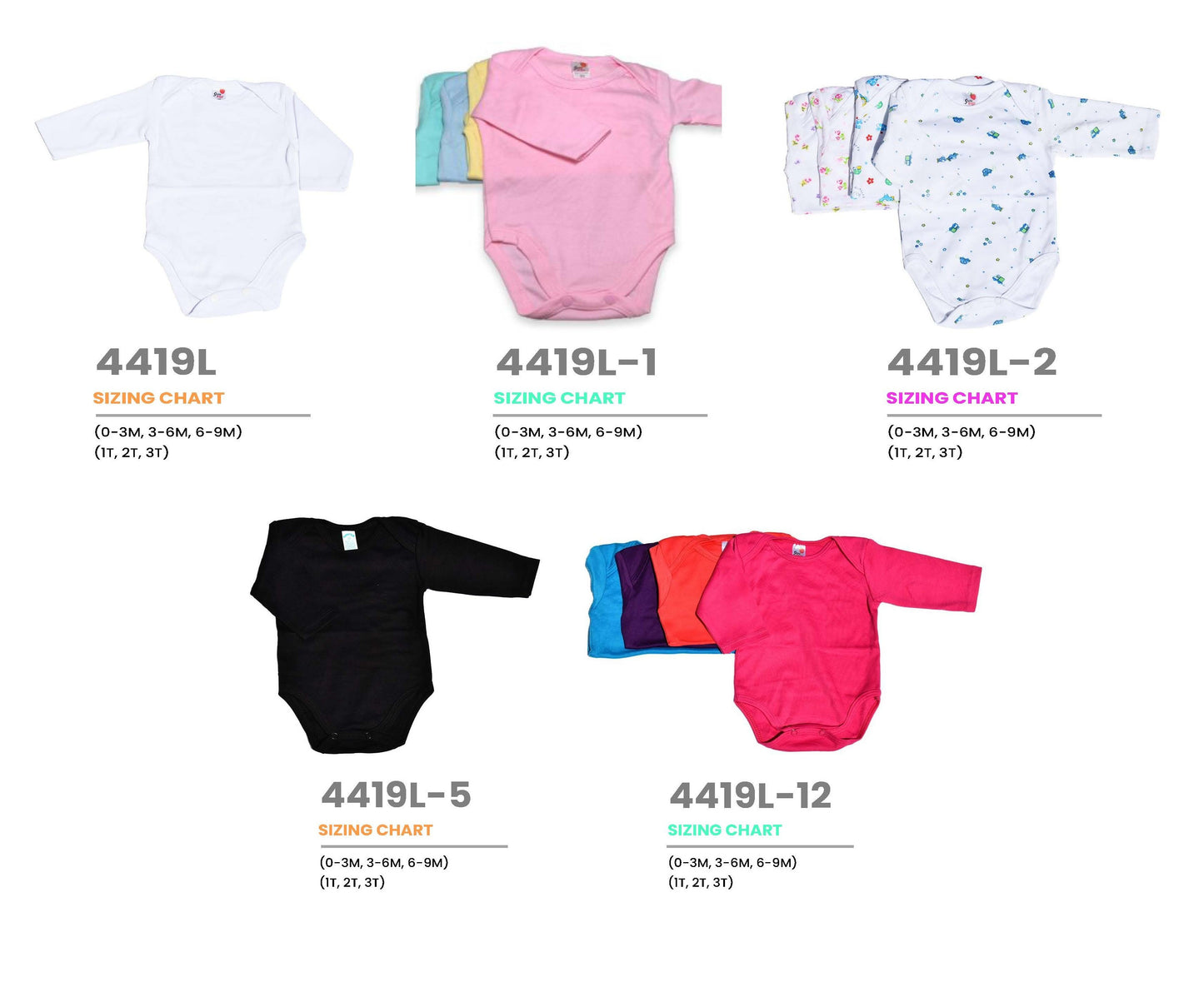 Boys Bodysuits Solid Plain Blank , Print Long Sleeve Cotton Size 0-24 Mont KC-4419L