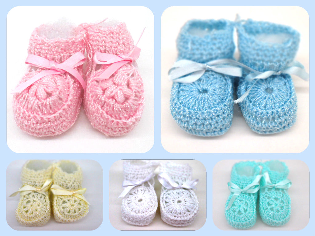 Wholesale Crochet Booties Ribbon White, Pink. Yellow, Red And Mixed Pack Of 12
