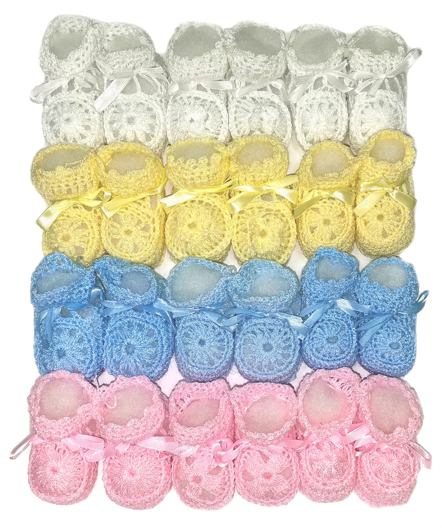 Wholesale Crochet Booties Ribbon White, Pink. Yellow, Red And Mixed Pack Of 12