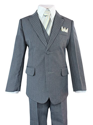 Boys Suits Pinstripe 5 Pieces Charcoal Gray Toddler Kids Big Boy Size 2T-14 BY-068