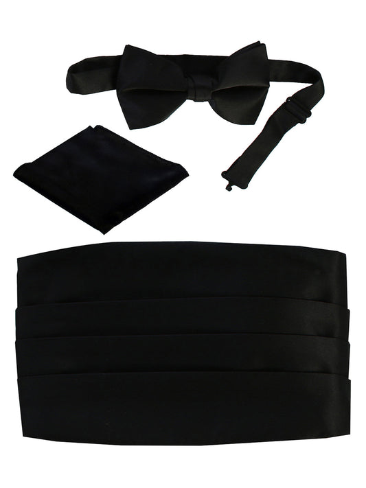 men's bow tie, pocket square, and cummerbund set