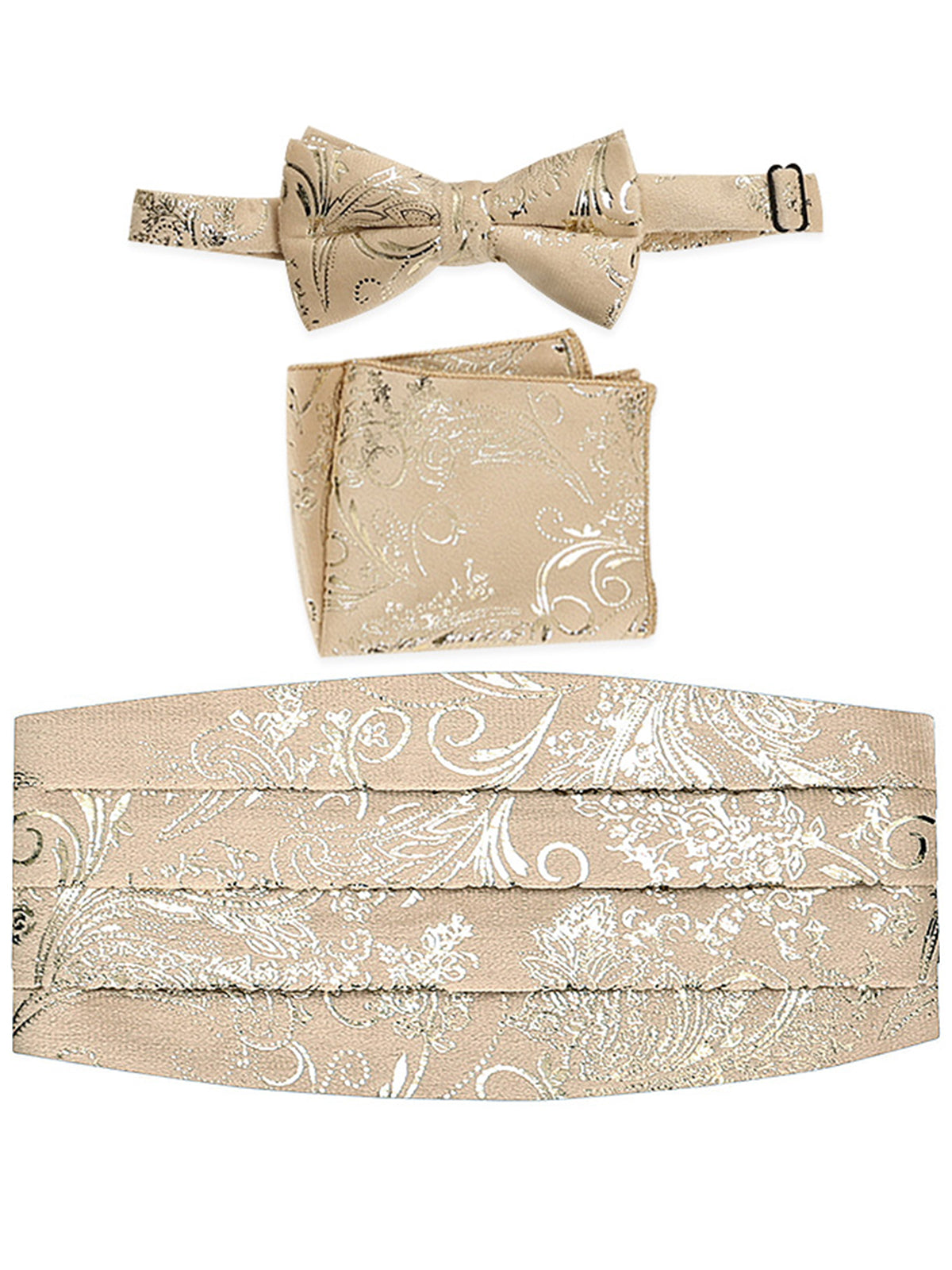 men's bow tie, pocket square, and cummerbund set