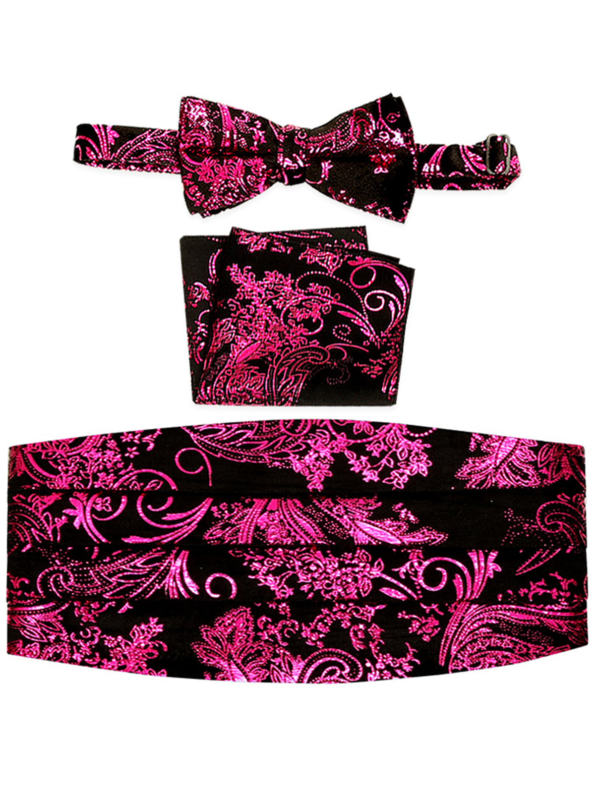 men's bow tie, pocket square, and cummerbund set