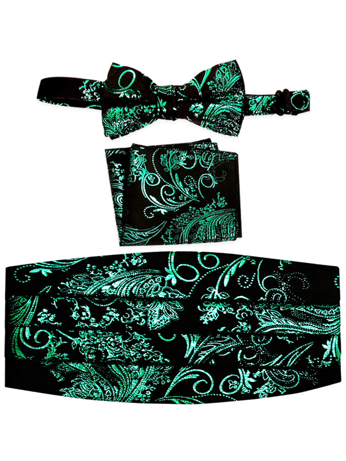 men's bow tie, pocket square, and cummerbund set