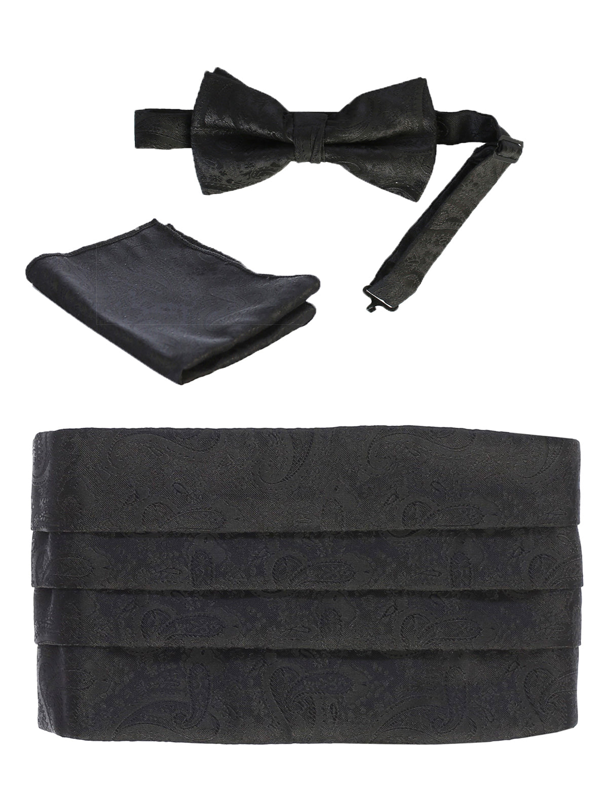 men's bow tie, pocket square, and cummerbund set