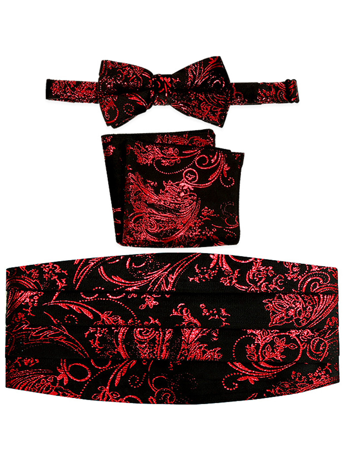 men's bow tie, pocket square, and cummerbund set