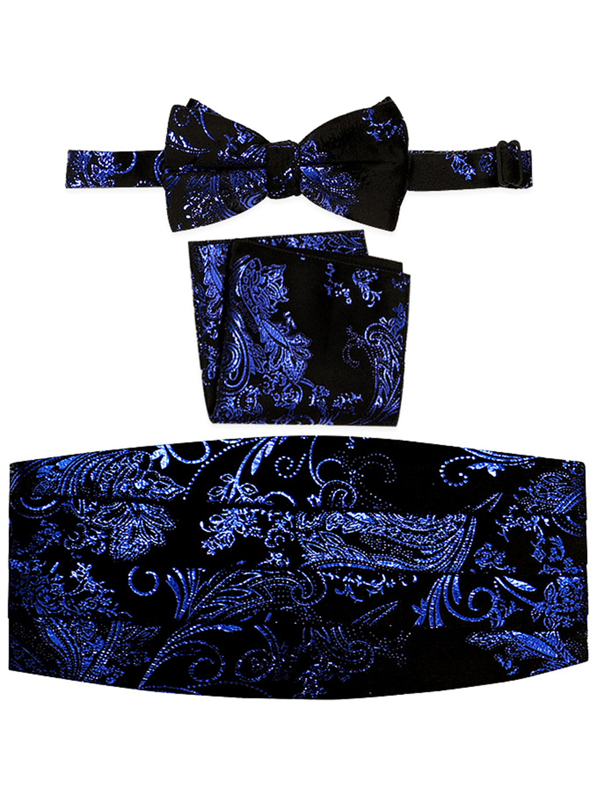 men's bow tie, pocket square, and cummerbund set