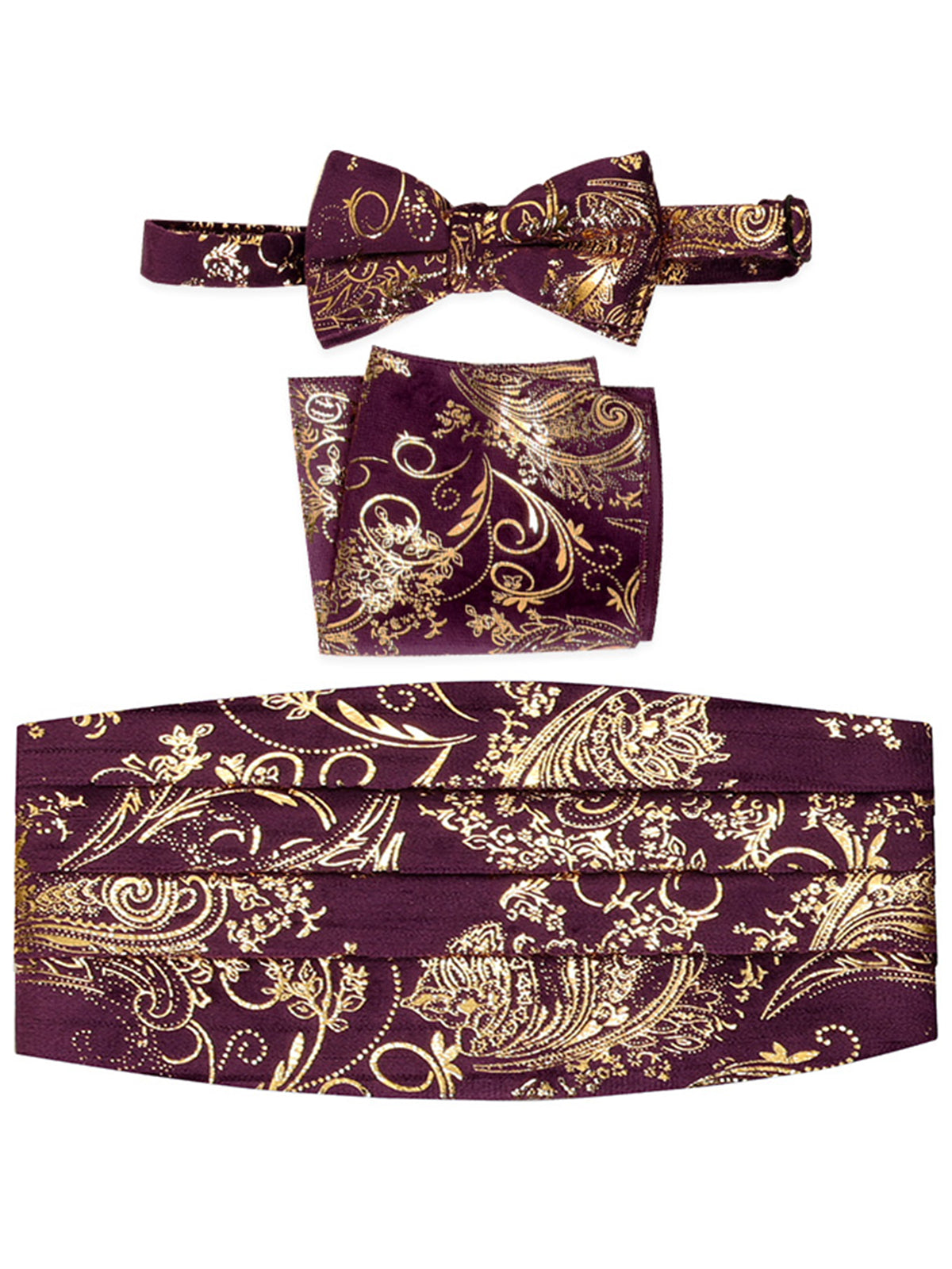 men's bow tie, pocket square, and cummerbund set