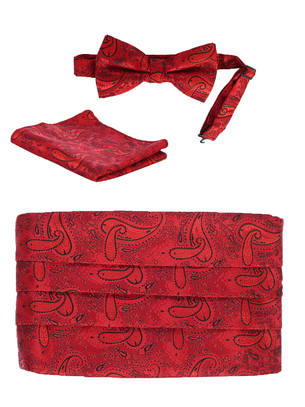 men's bow tie, pocket square, and cummerbund set