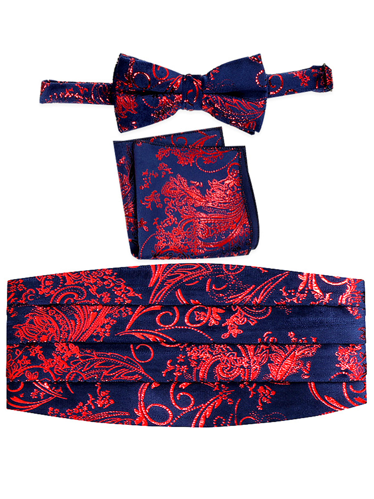 men's bow tie, pocket square, and cummerbund set