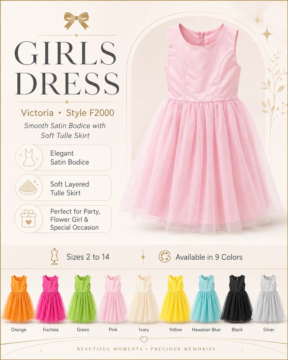 Girls Satin Tulle Special Occasion Dress Sizes 2-14 Wholesale Pack