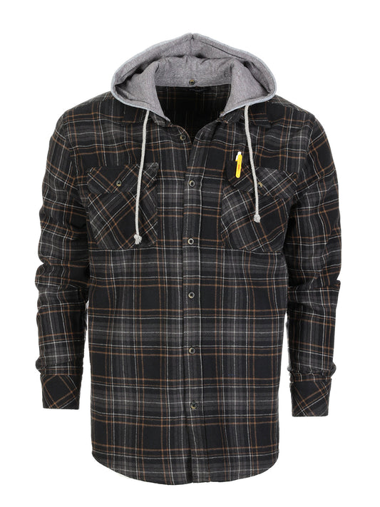 Mens Casual long-sleeve Removable Hood Plaid Checked Flannel Button Down