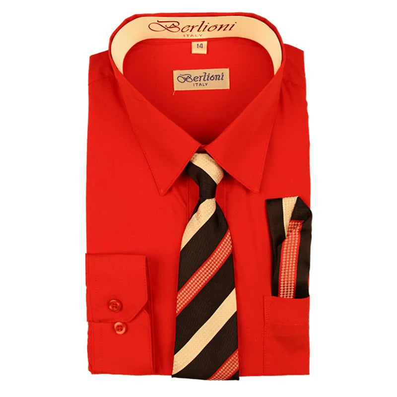 Boys Long Sleeves Button Up Dress Shirt with Tie & Hanky