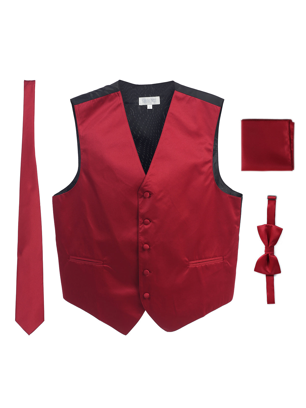 Mens 4 piece formal vest bow tie, tie pocket square set