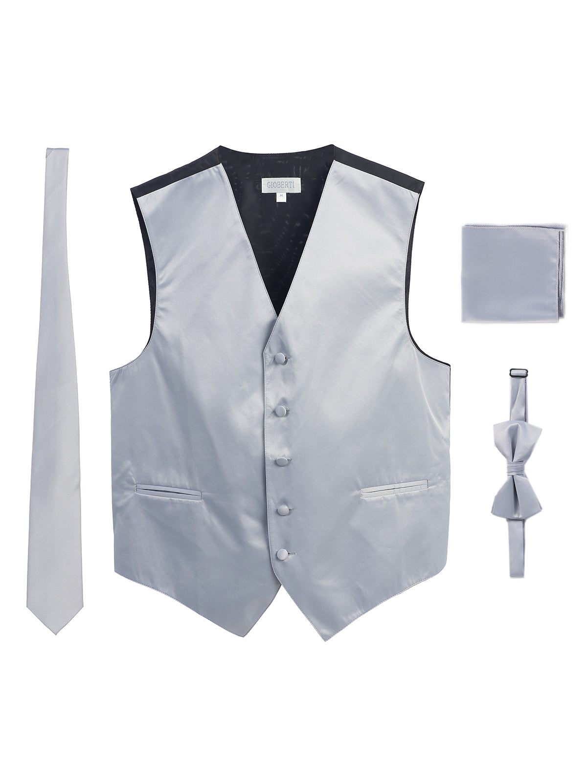 Mens 4 piece formal vest bow tie, tie pocket square set