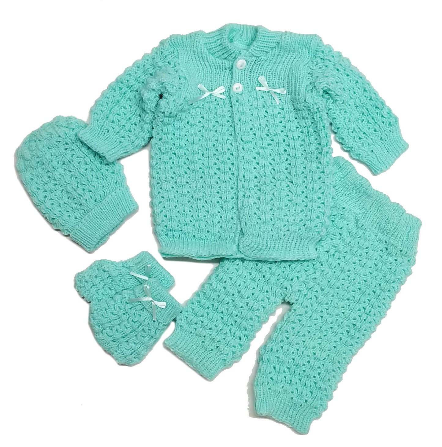 Wholesale Newborn Crochet Girl Pink Hat Cardigan Sweater Pants Booties 4 Piece Outfit Set