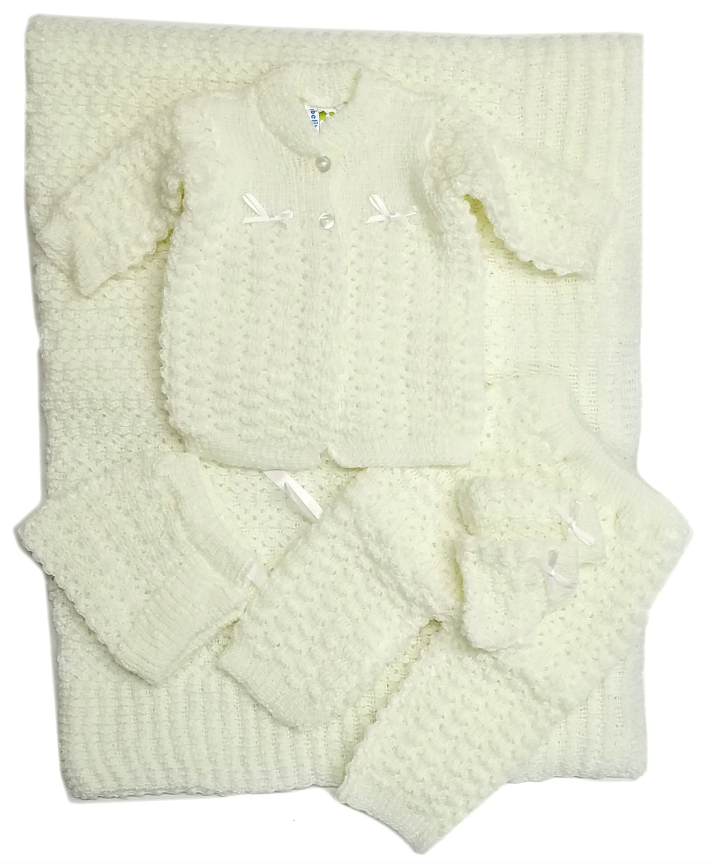 Wholesale Crochet Baby Blanket and Hat Newborn Outfit Set Mittens Pants Sweater 5 Pcs Set