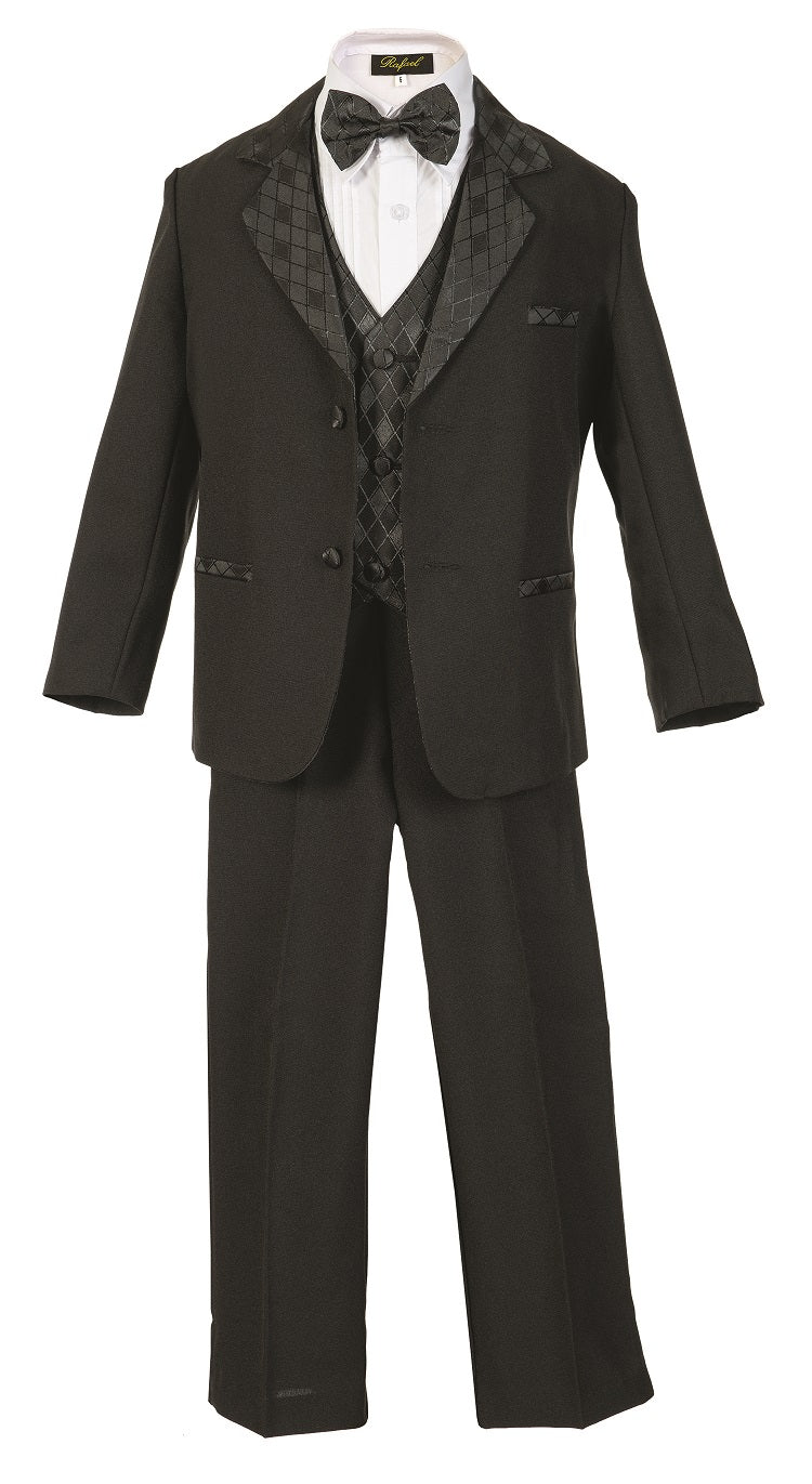 Boys Tuxedo With Design Lapel 5- Piece Set With Shirt And Bow Tie  RFL-010D
