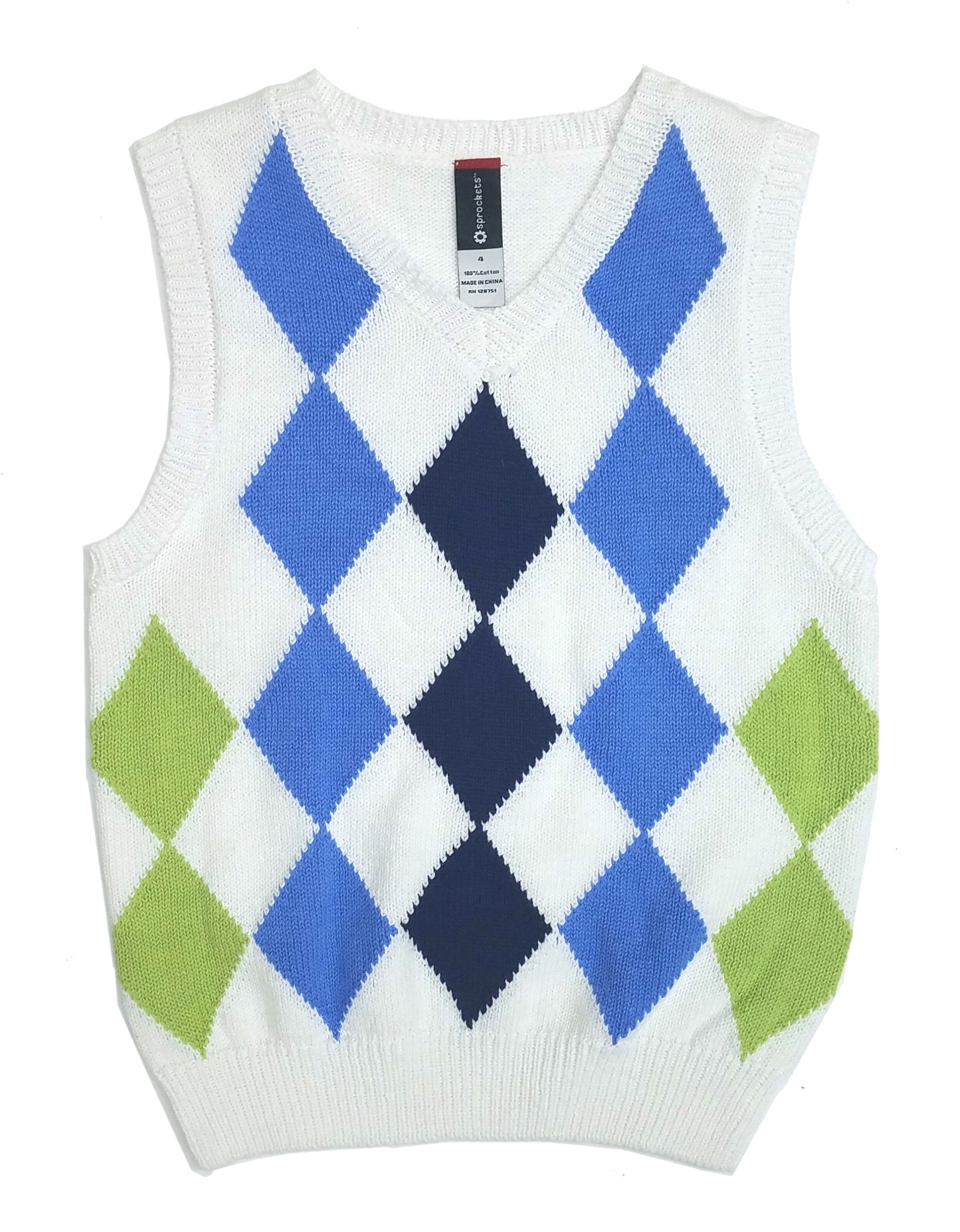 Sweater Boys Vest Blue Argyle Knit V Neck Pullover -Sprockets Vest