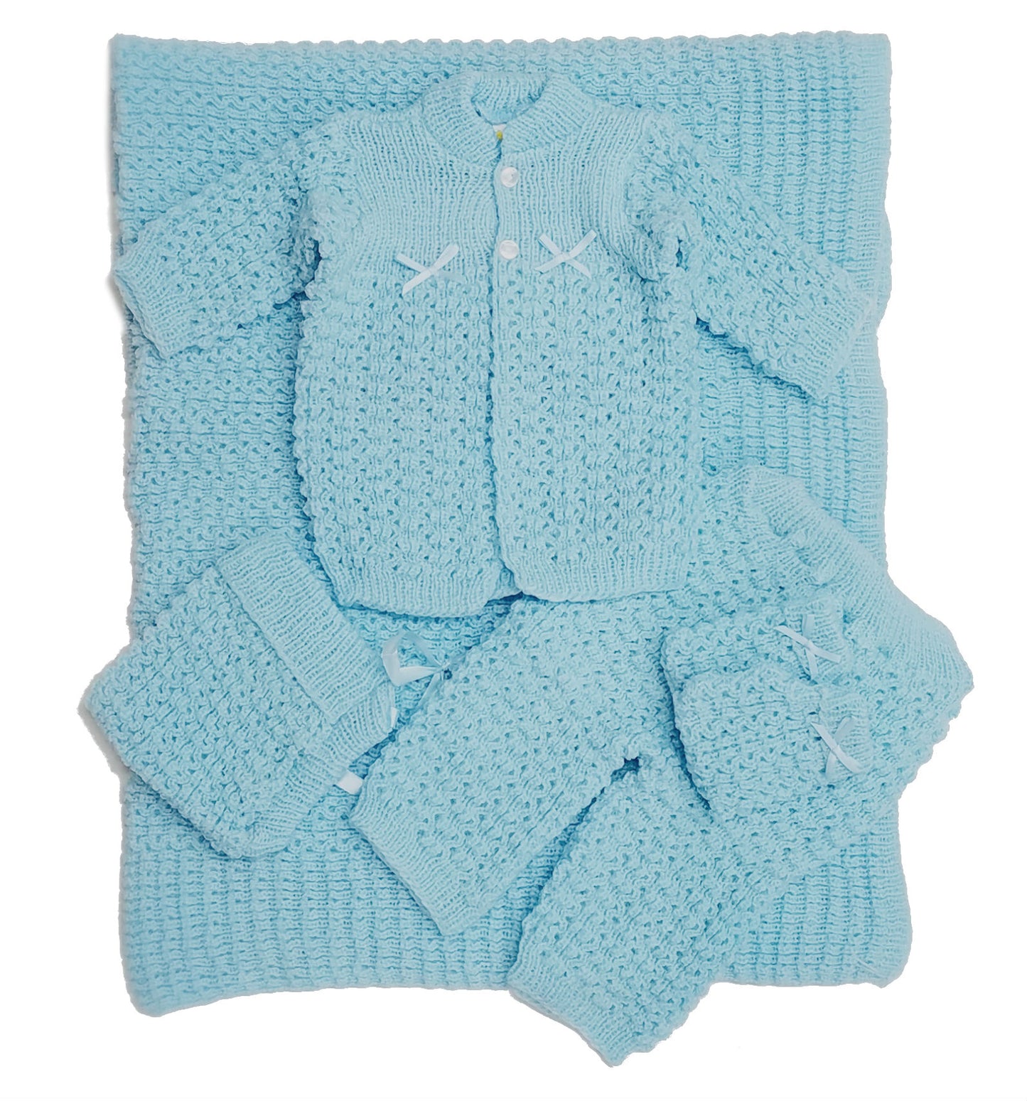 Wholesale Crochet Baby Blanket and Hat Newborn Outfit Set Mittens Pants Sweater 5 Pcs Set